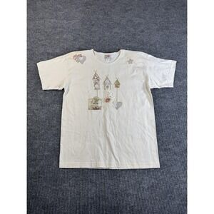 Grandmacore Cottagecore Women's Embroidered Appliqué Birdhouse T-Shirt Size L
